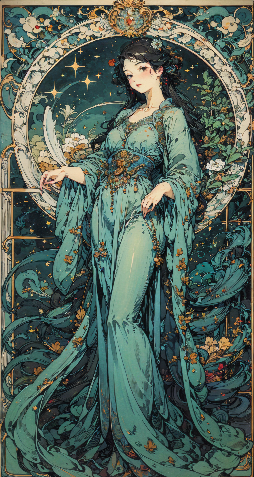 00394-2428897611-_lora_Mucha_0.7_,Mucha,1girl,Outstanding,high quality,_lora_VariableLine l 变量线条_v1.0_0.3_,_lora_塔罗牌tarot_2.0_0.4_,_lora_色彩墨心MoXi.png